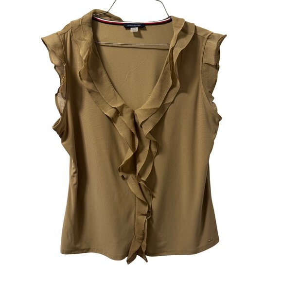 Tommy Hilfiger Tan Ruffle Sleeveless Blouse Sz XL Soft Elegant Chic Casual Top - Picture 2 of 12